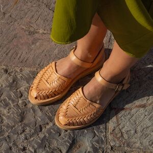 Woven Leather Mary Jane Sandals in Tan